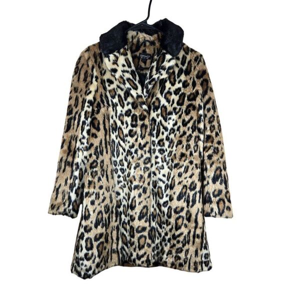 Topshop Leopard Print Faux Fur Coat Black Collar Womens Size 2 - Picture 1 of 8